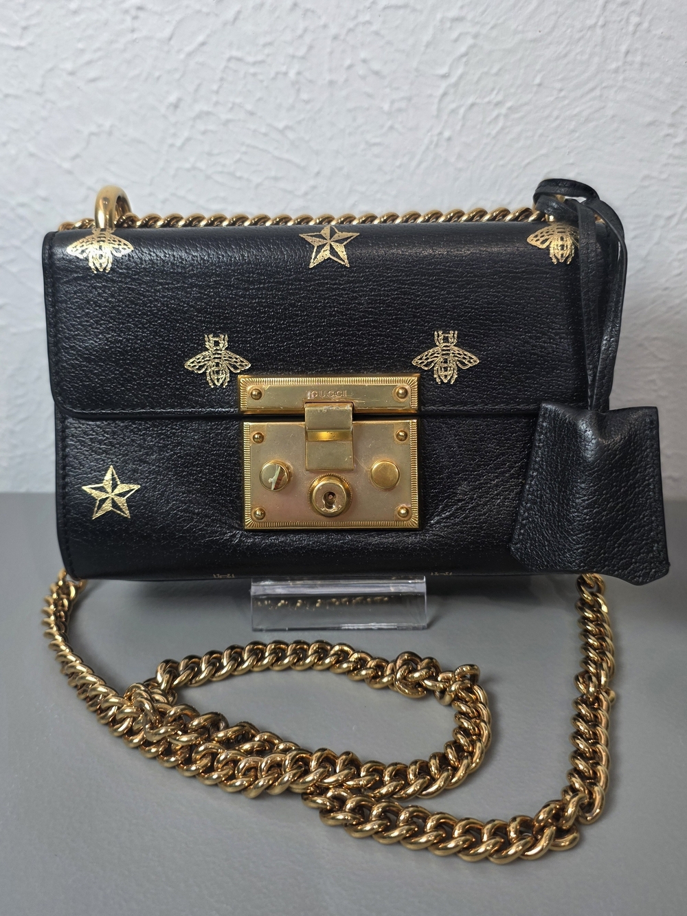 Gucci Black Leather Bee & Star Crossbody with Gold Hardware